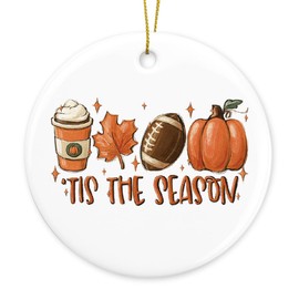 Tis the Season Fall Decorations for Home Fall Holiday Hanging Ornament Decor Autumn Thanksgiving Gifts Ideas Autumn Pumpkin Football Round Ceramic Hanging Ornaments