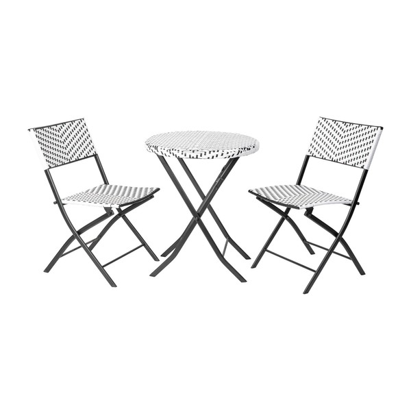 Flash Furniture FV-FWA085-BLK-WHT-GG Rouen Three Folding French Bistro PE Rattan with Metal Frames for Indoor and Outdoor Use, 3-Piece Set, Black/White