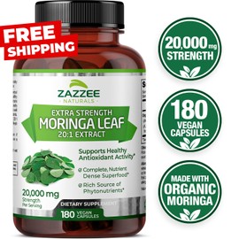 Zazzee Naturals Zazzee Organic Moringa 20:1 Extract, 20,000 mg Strength, 180 Capsules, 100% Pure