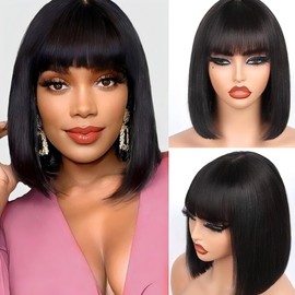 ISEE HAIR Bob Straight Wig with Bangs Human Hair Glueless Wig Ready to Go Human Hair Wigs For Women 180 Density (Straight, 12 Inch)