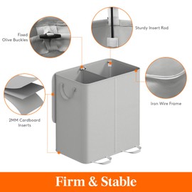 Lifewit Double Laundry Hamper with Lid and Removable Laundry Bags, Large Collapsible 2 Dividers Dirty Clothes Basket with Handles for Bedroom, Laundry Room, Closet, Bathroom, College, Silver Gray