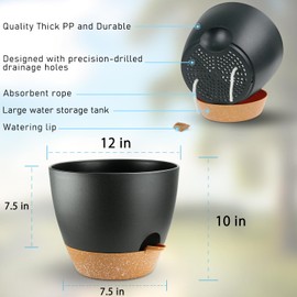 Ｄｏｒｃｙ 12 Inch Self Watering Planter,Large Plant pots with Deep Removable Reservoir and Multi Mesh Drainage Holes,Plastic Flower Pots for Garden Plants Outdoor Indoor (Black with Terracotta)