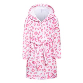 Girls Robe, Warm Long Sleeve Hooded Flannel Bath Robe Loungewear with Belt and Pockets for Toddler Little Big Girls, Pink Leopard, 12M-18M = Tag 90