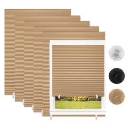 Changshade 6 Pack Temporary Window Blinds, Cut to Size Pleated Paper Shades for Indoor Windows, Stick On Self Adhesive Window Shades with 12 Clips, No Drill and Easy to Install, 36" W x 72" H, Brown