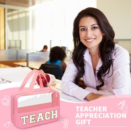 izuzta Chenille Letter Clear Makeup Bags Tote, Preppy Makeup Bag with Handle, TEACH-Pink