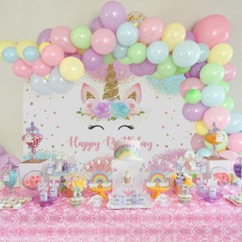 Happy Birthday Backdrop Banner Unicorn Birthday Party Backdrop, Pastel Rainbow Design with Glitter Stars, Birthday Party Photo Photography Prop Booth Background for Girls (150 * 100CM)