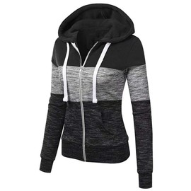 Newbestyle Hoodies for Women Color Block Hooded Sweatshirt Basic Zip-Up Jersey Jacket Long Sleeve Top with Pockets Plus Size Black Grey 2XL