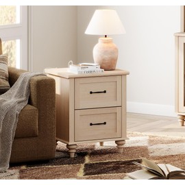 WAMPAT Beige Side Table Nightstand with Charging Station, Wooden End Table with 2 Drawers for Living Room, Mid Century Night Stand Modern Bedside Table for Bedroom, Kids Room