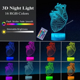 POSSHE Heart Anatomy Illusion Lamp, Cardiology Gifts, 3D Night Light, 16 Colors Changing, Remote Control, Dimmable, Kids Room Decoration, Xmas Heart Model Gifts