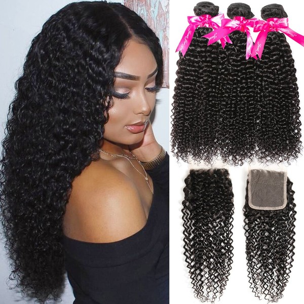 Hermosa Brazilian Curly Human Hair Bundles with Closure Grade 10A