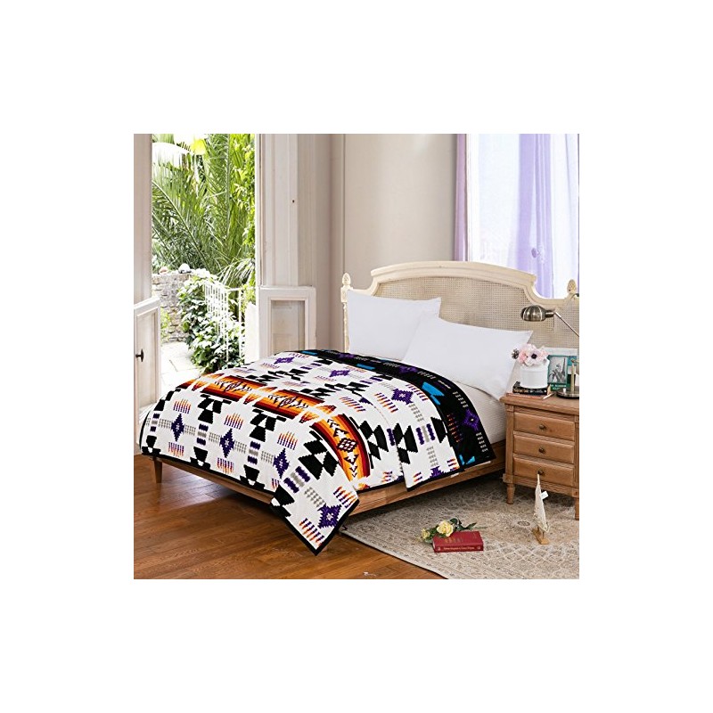 Southwest Design (Navajo Print) King Size Supersoft Reversible Blanket (White)