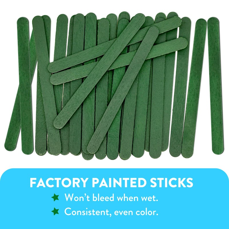 CraftySticks- 100 Pack 4.5 Inch Green Painted Popsicle Sticks, Wood