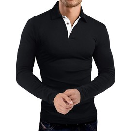 KUYIGO Mens Classic Dry Fit Long Sleeve Golf Polo Shirts Casual Basic Designed with Cotton Tops Small Black