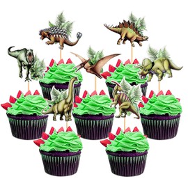 Ercadio - Paquete de 35 adornos de dinosaurios salvajes para magdalenas de dinosaurios realistas, púas de magdalenas de dinosaurios rugidos para baby shower para niños, fiesta de cumpleaños, decoración de pasteles