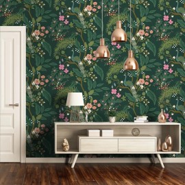 YORK Emerald dark green Tropical tree branches leaves flowers peacock Wallpaper rolls - sample 8.5 inches x 11 inches