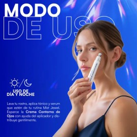 MIST JEWEL  Crema para contorno de ojos, arrugas, bolsas y ojeras obscuras  Con cafeína, Ácido hialurónico y esferas hidratantes 20g                  