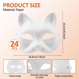 24PCS Cat Mask, White Therian Masks, DIY Paper Cat Mask for Party, Blank Animal Half Face Masquerade Mask, Fox Facepiece