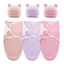 DRESHOW Newborn Swaddle Blanket Hat Set Baby Printed Swaddles Infant Adjustable Sleeping Bag for 0-3 Months Girls Boys, 3 Sets 06, One size fits all