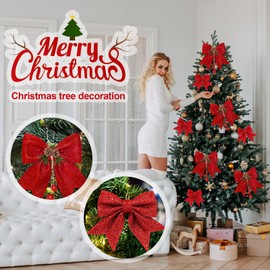 Sykerout 8 x Christmas bows, decoration for wreaths, large Christmas tree bow, red glitter sequin bow, large Christmas tree bow, Christmas decoration bows for home, Christmas party