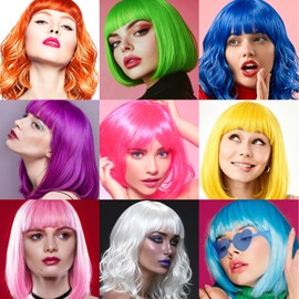 27 Pcs Colored Wigs, Short Bob Curly Wig with Sunglasses for Cosplay Party