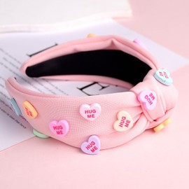 HIFANMM Valentines Day Headbands Pink Knotted Heart Hair Bands for Women Girls, Hearts Candy Charm Hair Accessories, Non Slip Wide Top Knot Fashion Hair Decoration Party Supplies Hair Hoop 1 Pcs