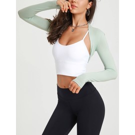 Women Open Front Bolero Shrugs Athletic Sport Long Sleeve Shrugs Yoga Cropped Shrugs Cardigan Cooling Shawl with Thumb Holes Green XXL