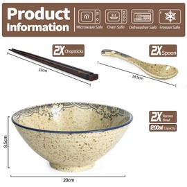 Niturceal Ceramic Ramen Bowl Set of 2, 40oz Japanese Noodle Bowls with Spoons & Chopsticks Porcelain Large Soup Bowl for Pho, Udon, Retro Style Tableware Microwave & Dishwasher Safe, Fish