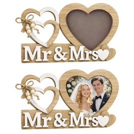 PUQGAOIP Wedding Gifts, 25x15cm Freestanding Wooden Heart Picture Holder, Rustic Style Mr And Mrs Gifts For Bridal Shower, Decorative Wedding Photo Frame For Couple Living Room