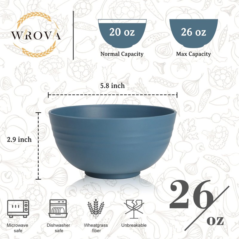 Wrova 6-piece Wheat Straw Bowls sets 26oz,Alternative Plastic Bowls Reusable