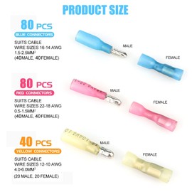 Amfuujoy 200PCS Heat Shrink Bullet Connectors Kit 22-10AWG, Waterproof Insulated Male & Female Wire Terminals Splice Crimp Connectors (12-10AWG,14-16AWG,18-22AWG), for Automotive Marine RV Home Wiring