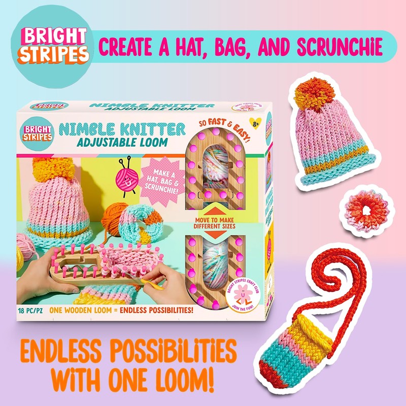 Bright Stripes Nimble Knitter Kit| 4-in-1 Adjustable Bamboo Loom with
