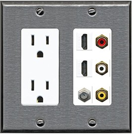 RiteAV - 2 x 15 Amp 125V Power Outlet 3 x RCA - 2 X HDMI and 1 x Coax Cable TV Port Wall Plate - Stainless Steel/White