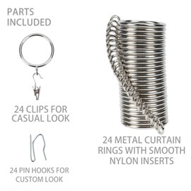 Curtain Rings and Hooks Clip,25mm Inside Diameter,Complete Set with Curtain Pole Rings, Hooks and Clips Pack of 24 Curtain Rings for Two Standard Curtains Silver TXZWJZ