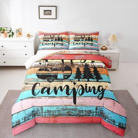 Camper Bedding for Travel Trailers,Colorful Stripes Vintage Barn Door Comforter Set,Happy Camping Duvet Set for Boys Girls Camping Lover,Western Farmhouse Style Bedding Comforter Full Size