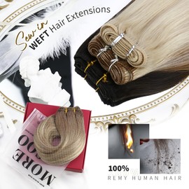 Moresoo Weft Hair Extensions Blonde Sew in Human Hair Extensions Brown Root Ombre to Platinum Blonde with Light Brown Double Weft Human Hair Extensions 24 Inch 100g/Pack #8/22/8