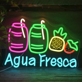 Agua Fresca Neon Sign Dimmable Colorful LED Light with Fruits & Straw, 16.54"x11.02" Fun Wall Decor for Latin Restaurants, Food Stalls, Cafes, Bars & Kitchens