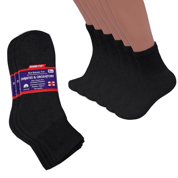 Calcetines de tobillo para diabéticos, no vinculantes, aprobados por médicos, calcetines de algodón para hombres y mujeres (12 unidades, negro, hombres y mujeres 9-11, talla de zapato 5-10)