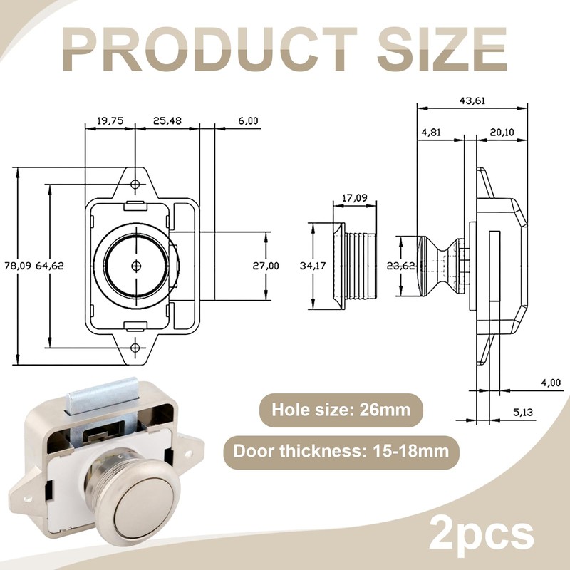 Benaton Pack of 2 Button Furniture Lock, 15-18 mm Push