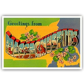 GREETINGS FROM MASSACHUSETTS vintage reprint postcard set of 20 identical postcards. Large letter US state name post card pack (ca. 1930's-1940's). Made in USA.