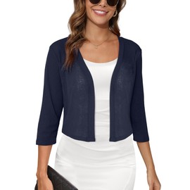 Skrfez Women's 3/4 Sleeve Thin Shrugs for Dresses Navy Blue Medium Open Front Knit Lightweight Coat Cropped Tops Shawls and Wraps Cardigan Dressy Clothes for Summer Spring Autumn