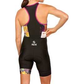 SLS3 AG Triathlon Suit Women - One Piece Trisuit Women - Durable FRT Fabrics - Slim Athletic Womens Tri Suit, No Shelf Bra (Black/Sunrise Blooms, X-Large)