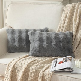 YAERTUN Pack of 2 Grey Cushion Covers 12x20 Inch 30x50 cm Thick Soft wool Decorative Throw Pillow covers Pillowcase Faux Fur Plush fluffy for Sofa Couch Bedroom