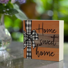 Home Sweet Home Retro Autumn Sign Pumpkin Decorative Welcome Thanksgiving Harvest Wooden Square Sign, Seasonal Farmhouse Wooden Indoor Autumn Centerpieces for Tables Wall Shelf Desk-85