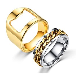 COLORFUL BLING 2pcs Stainless Steel Bottle Opener Rings Set Spinner Chain Thumb Beer Bar Opening Ring for Men Women Creative Party Jewelry-Gold 9
