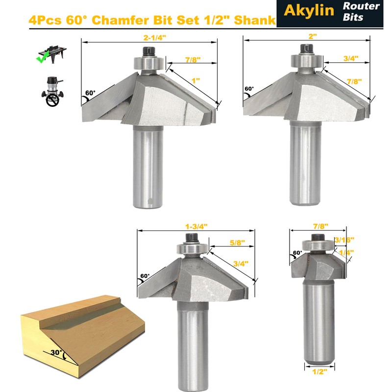 Akylin 4pcs 60 Degree Chamfer Bit Set,1/2" Shank,3/16",5/8",3/4" and 7/8"