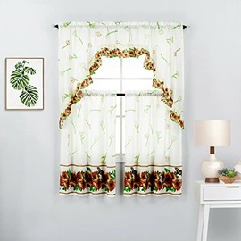 3 Piece Printed Kitchen Window Curtain Panel Tiers and Swag Valance Set (36" Tiers Set, Brown)