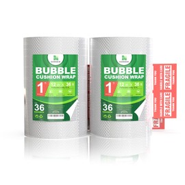 [72 Total Feet] Perforated Bubble Wrap Roll [2 Pack - 12inch x 36ft Rolls] Cushioning Packing Wrap for Moving Shipping Packaging with 10 Fragile Stickers