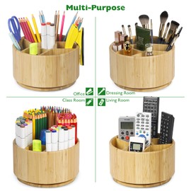 Bamboo Rotating Round Art Supply Organizer, Pencil Holder Desk Organizer with 7 Compartments, Office Supplies Desktop Storage Caddy for Colored Pencils, Markers, Paint Brushes and Cooking Utensil