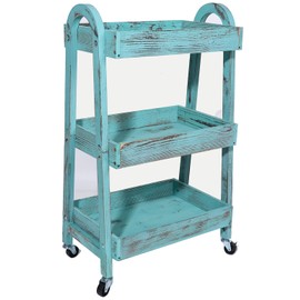 3-Tier Rolling Utility Cart with Lockable Wheels Storage Slim Storage Heavy Duty Cart Mobile Shelving Unit Craft Narrow Organizer for Bathroom Laundry Kitchen (Vintage Blue)