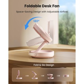 Gaiatop Foldable Small Desk Fan, 6000mAh Battery Powered Portable Fan with LED Night Light, USB Rechargeable, Bedroom Office Dorm Travel Camping Essentials, Summer Gifts for Women Girls Mom, Pink